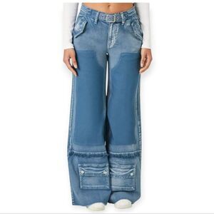 Forever 21 Acid Wash Belted Wide Leg Jeans, XL